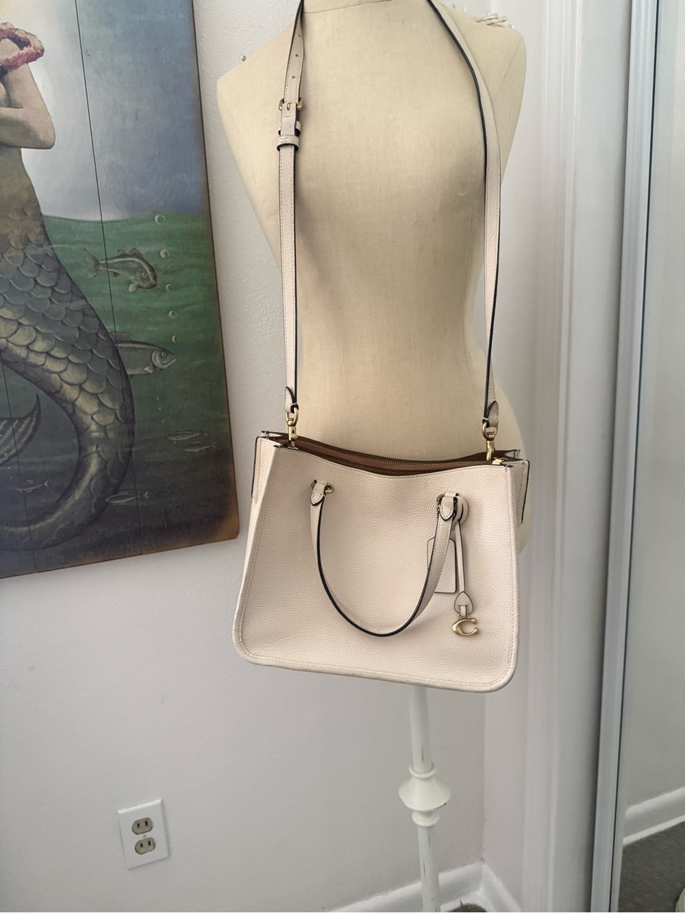 Coach Cream Pebbled Leather Shoulder Bag with Gold Hardware